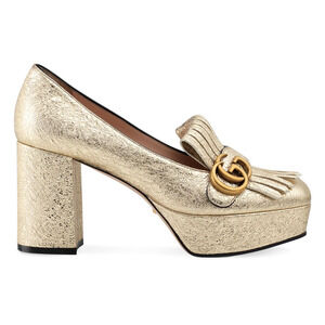 Gucci Marmont Platform Platino Gold Fringe Logo Block Heel Mule Loafer Pump 36